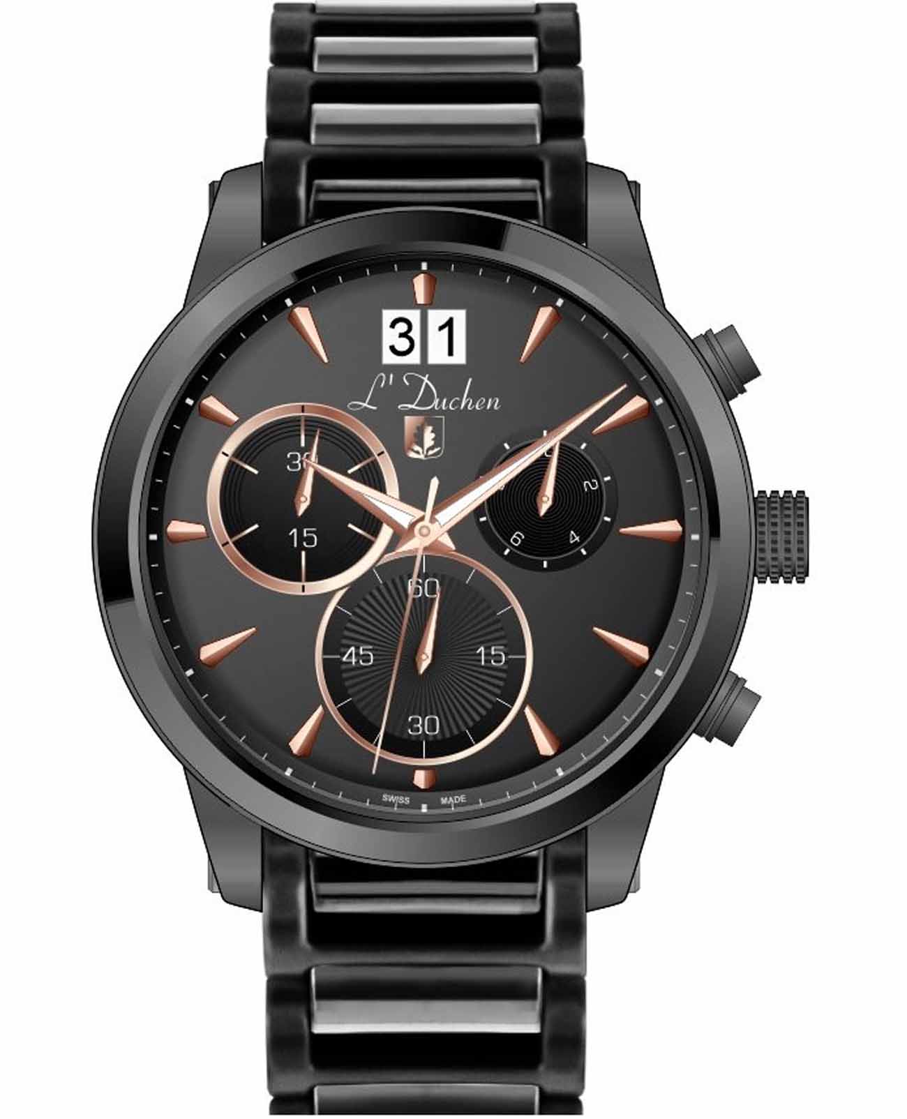 L'Duchen L'Duchen Aerostat Chrono D 232.70.35  D 232.70.35 кварцевые мужские часы черный циферблат, браслет сталь + pvd + керамика — вид спереди